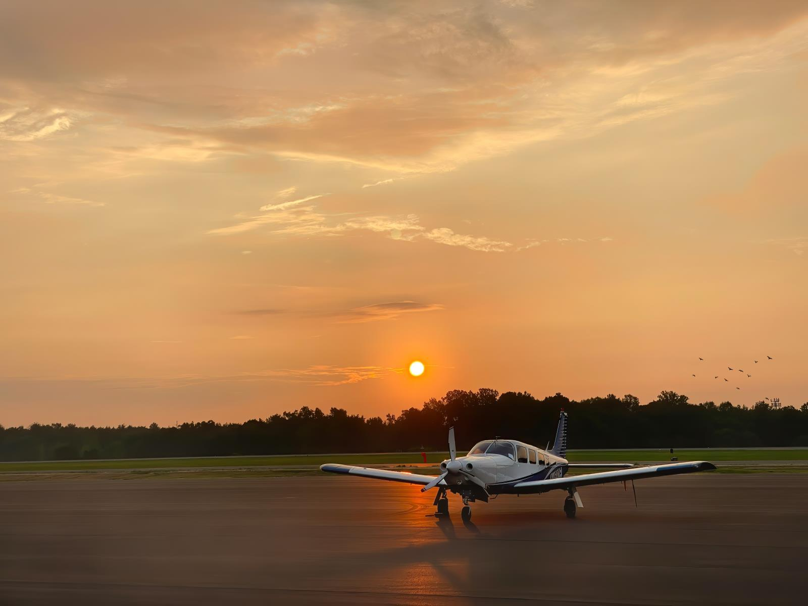 General aviation aircraft on the ramp at sunset